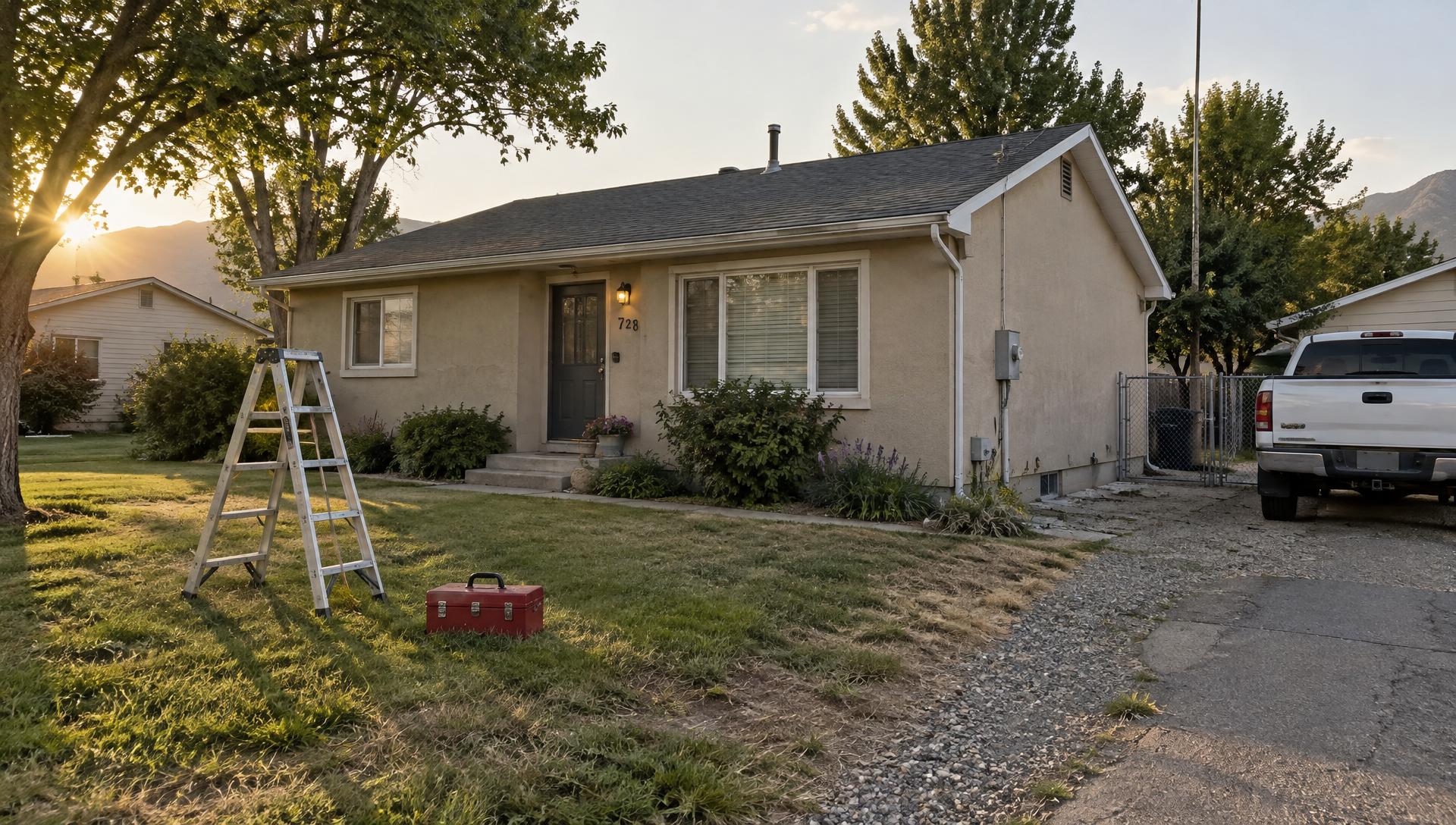 Single-story Utah home at golden hour with a step ladder, toolbox, and work truck in the driveway
